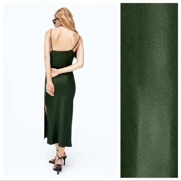 Zara Green Satin Effect Slip Draped Lingerie Style Dress Size S Small - Picture 2 of 10